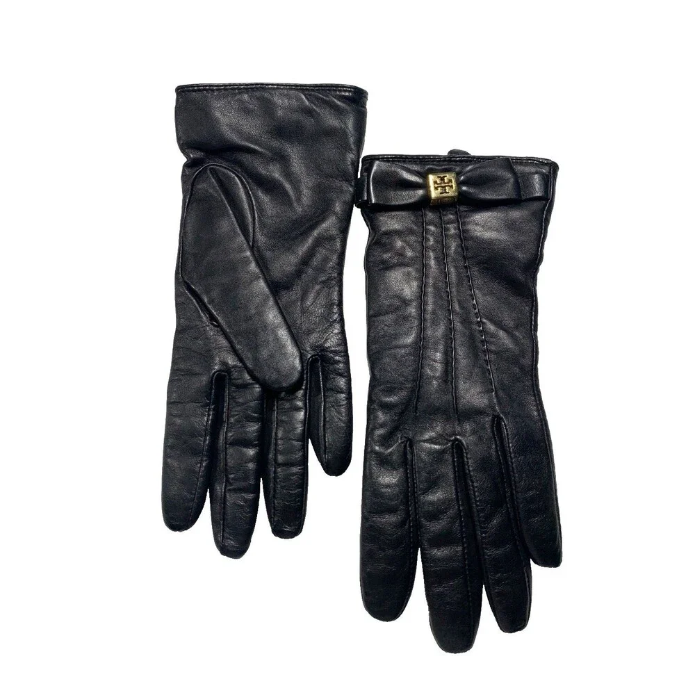 Tory Burch Black Leather Bow Gloves Cashmere Lined Size 7 Medium 32135068